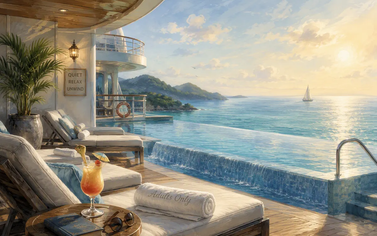 Illustration of the adults-only pool district on a cruise ship deck