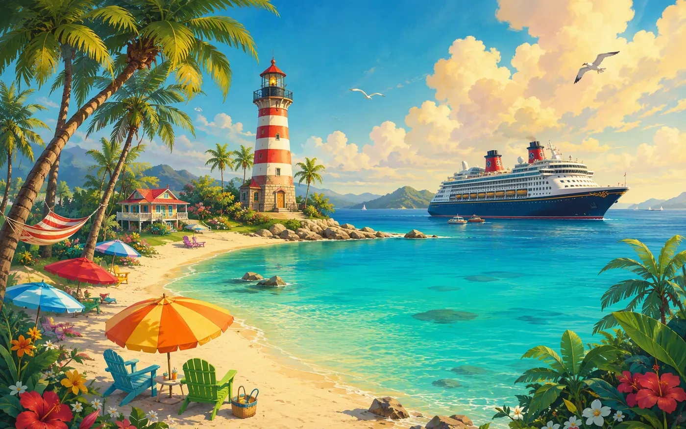 Illustration of a tropical island beach with a lighthouse and an anchored cruise ship