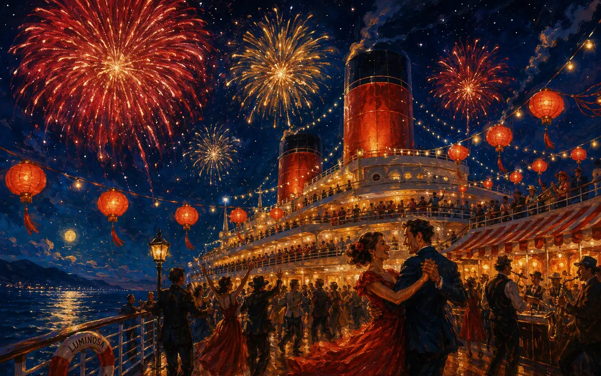 Illustration of the Pirate Night deck party with fireworks over the ship